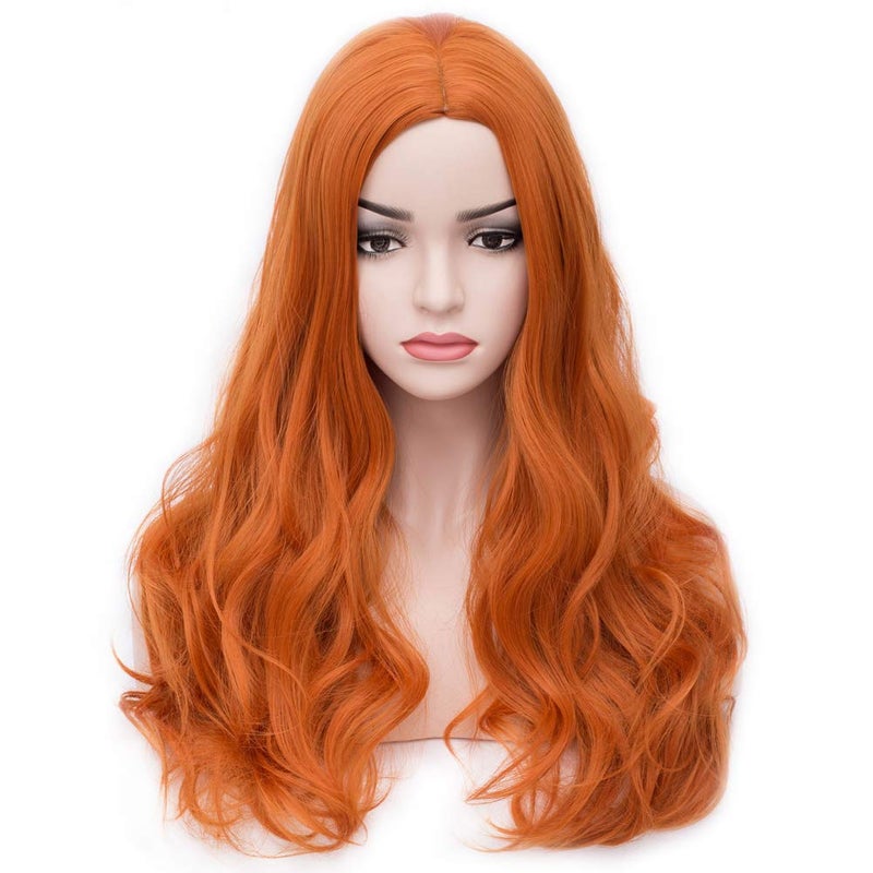BERON Orange Wig Women Long Wavy Wig Orange Cosplay Costume Wig Center Parted Full Synthetic Wigs Wig Cap Included (Orange) - Image 1